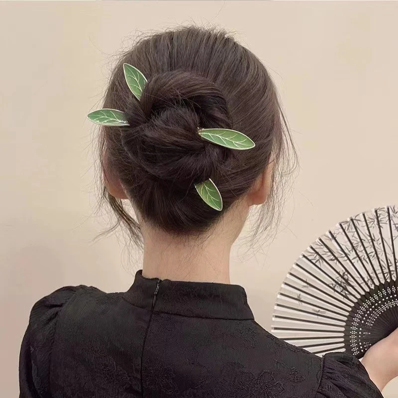 

Chinese Hair Stick Retro Green Enamel Leaf Hairpin Minimalist Ancient Style Hairpin For Women Headwear Accessories