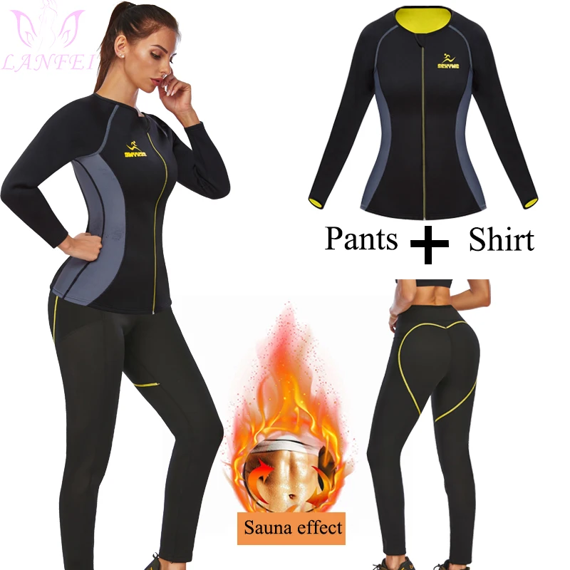 

LANFEI Women Waist Trainer Sauna Suit Neoprene Sauna Shirt for Weight Loss Fat Burning Sweat Sauna Pants Women Shapewear Set