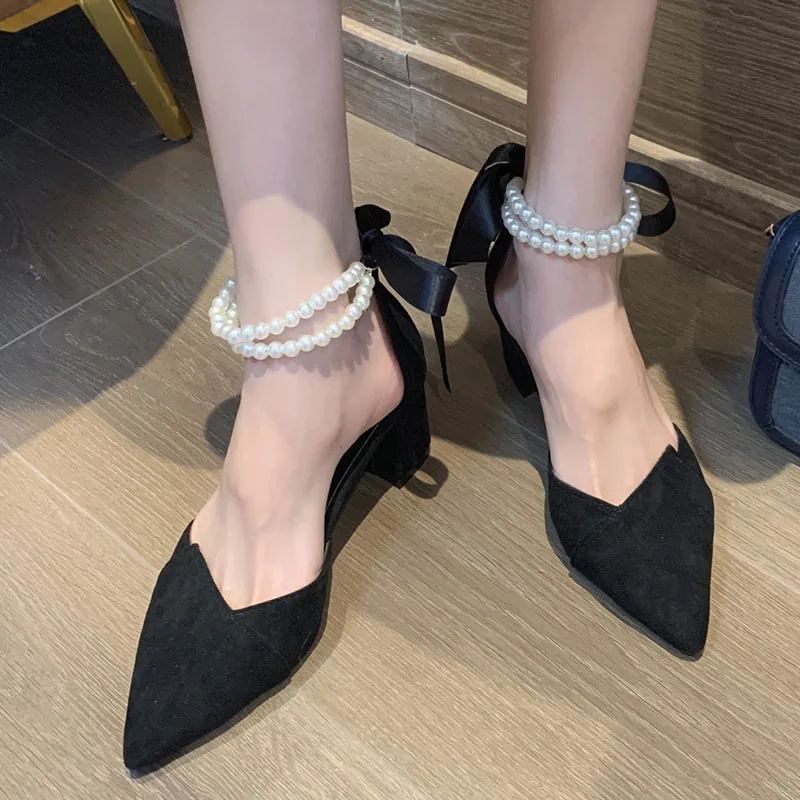 

Rimocy Luxury Pearl Strap Square Heels Pumps Women Fashion Pointed Toe Party Shoes Woman Flock Lace Up Shallow Shoes Ladies