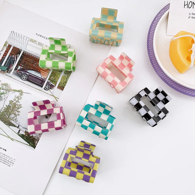 

Wholesale Korean New Fashion 5CM Small Colorful Checker Hair Clip Claw Simple Acetic Acid Shark Clip Hair Accessories