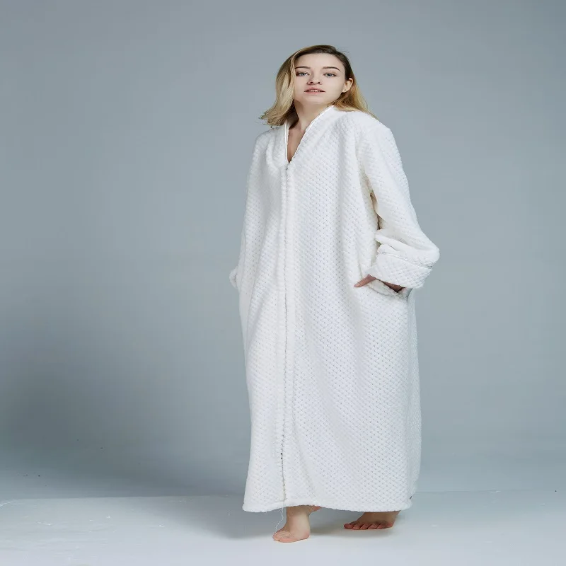 

FOLOBE Zipper Velvet Bathrobe Plus Fertilizer Plus Night Gown Men and Women Thickened Pajamas Flannel Nightdress Bath Robe