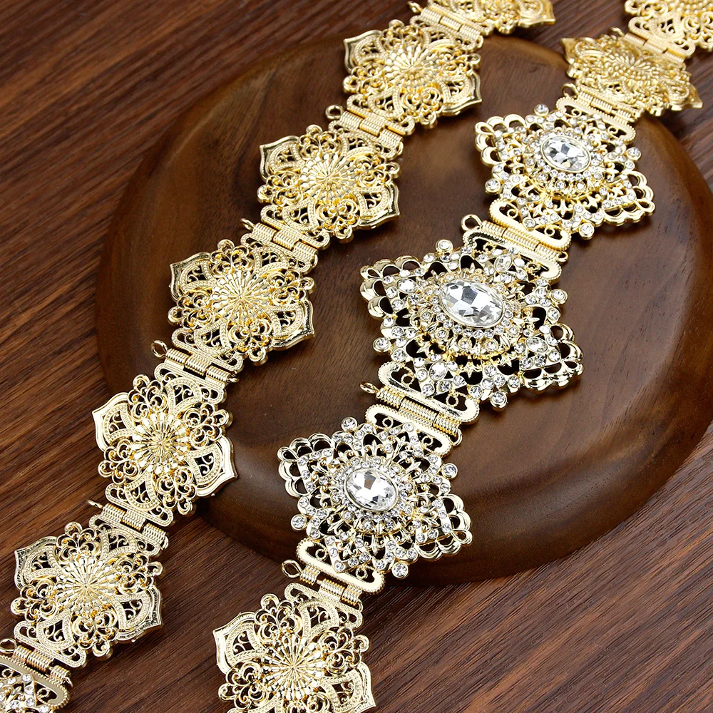 Neovisson Gold Color Crystal Wedding Jewelry Algeria Morocco Belt For Women Arab Robe Caftan Belt Metal Flower Chain Adjustable