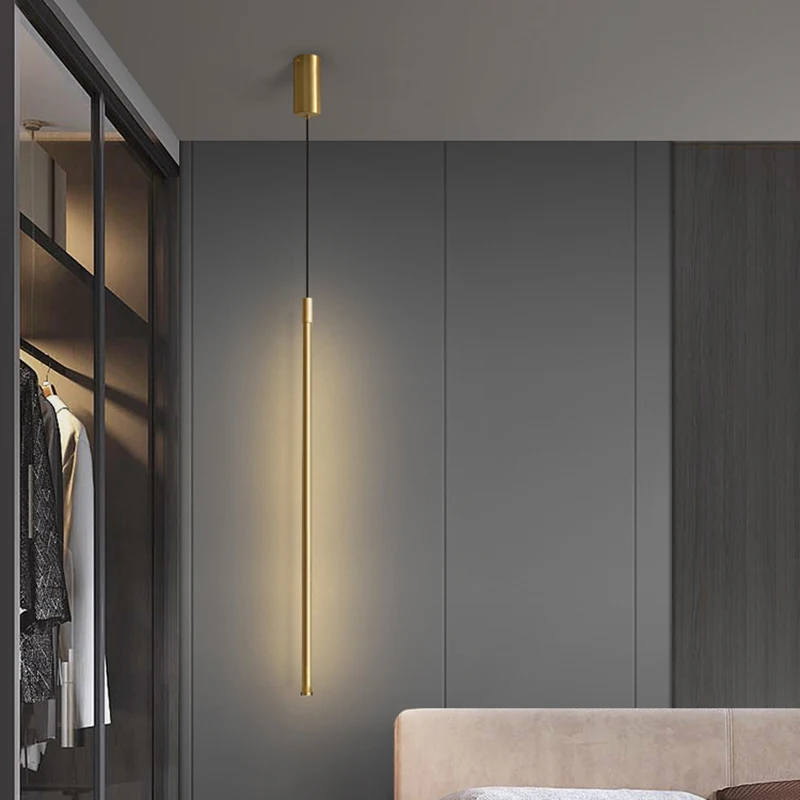 Long Tube LED Pendant Lamps For Bedroom Bedside Illuminaire 60/80/100/120cm Gold Black High Ceiling Hanging Light AC 85-265V