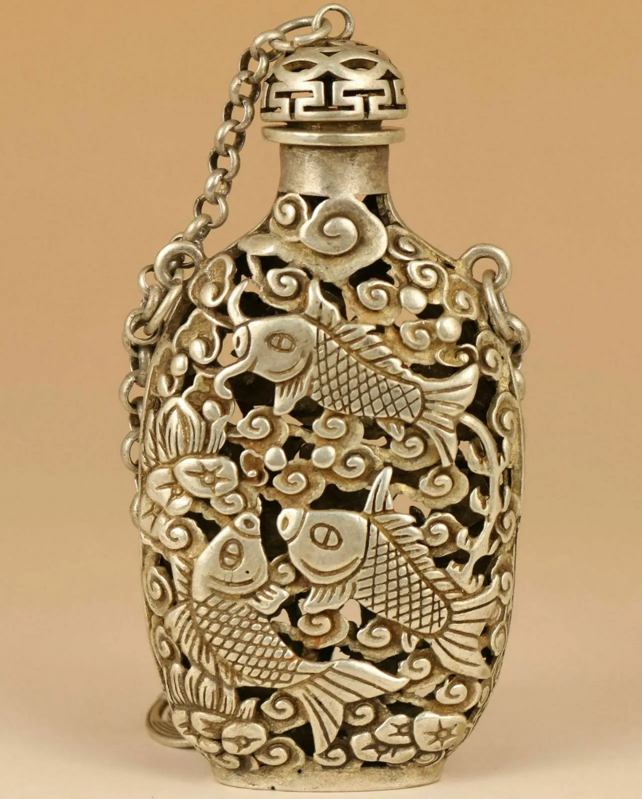 

old tibetan silver hand carved hollow out fish lotus statue snuff bottle pendant small bottle