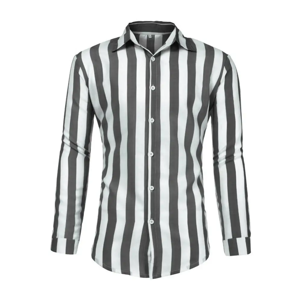 

Stylish simple lapel vertical stripes loose buttons long sleeve men's three-color shirt top