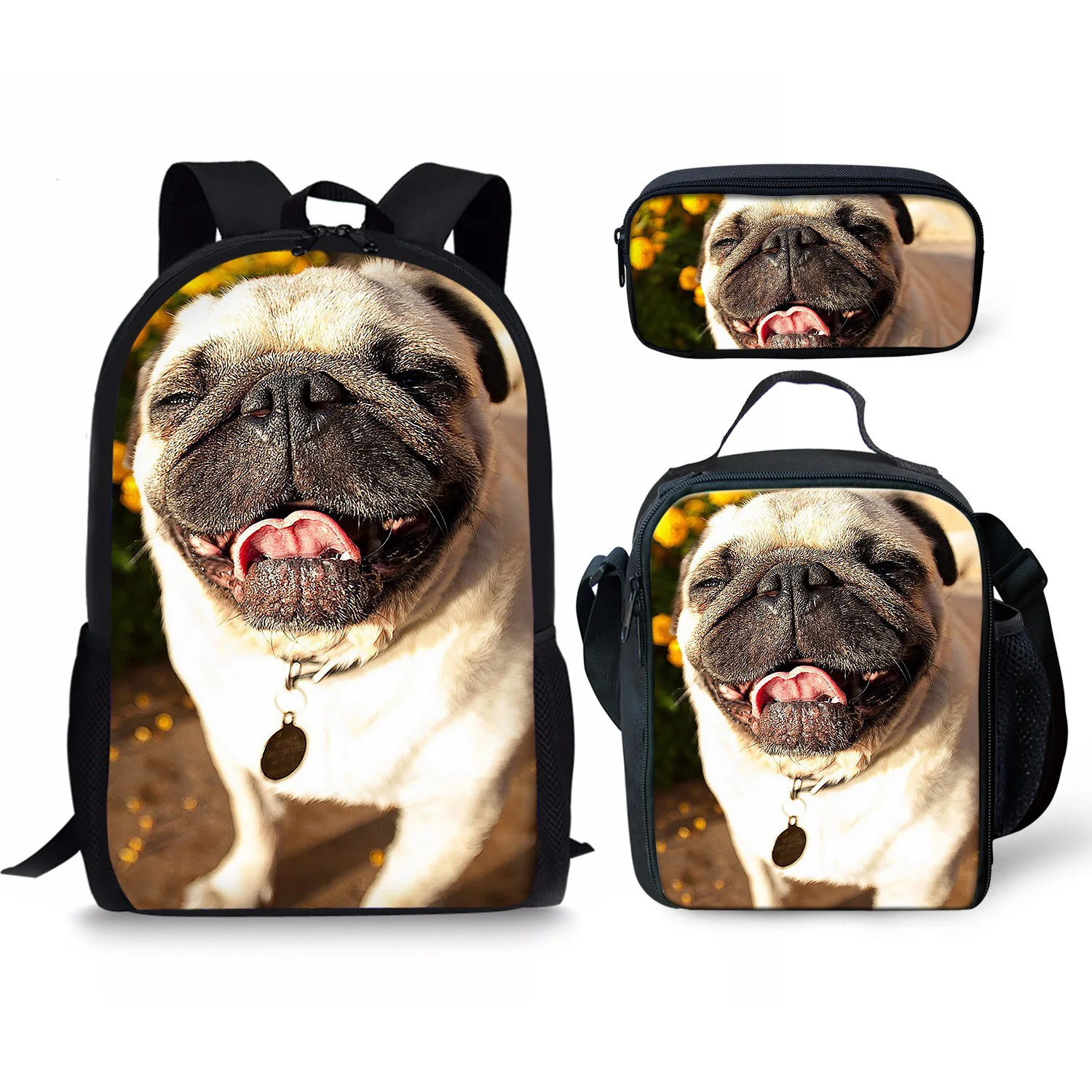 Adorable Pug Style Print New Large Schoolbag Pencil & Lunch Bag Student School Backpack Waterproof Capacity Primary Book Bags