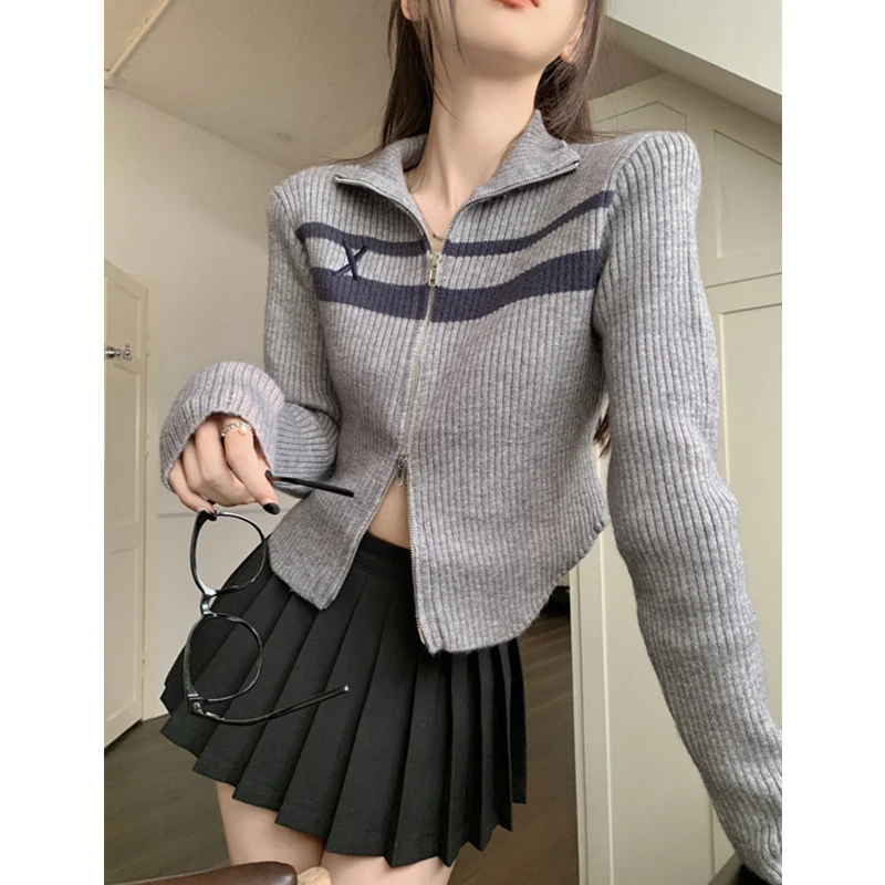 American vintage Contrast Color Double Zipper Polo Collar Knit Women Autumn and Winter New Casual Show Short Thin Sweater Car...
