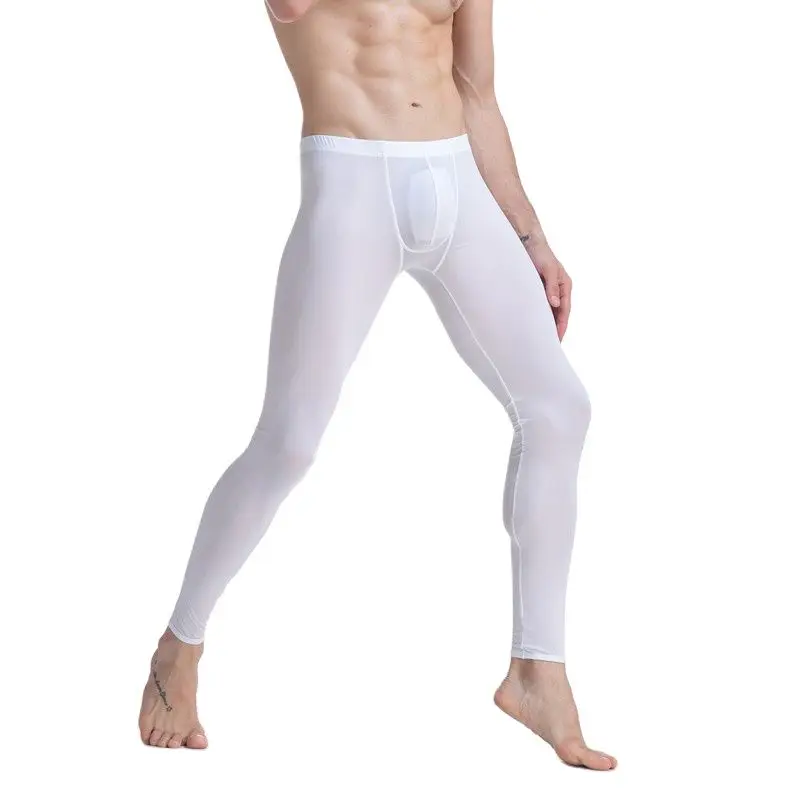 CLEVER-MENMODE Men Sexy Ultra Thin Stretch Underwear Transparent Pouch Ice Silk Long Johns Pants Mens Pajamas Bottoms Sleepwear
