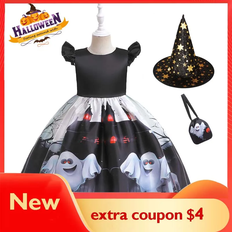 

Костюм на Хэллоуин для детей, милый костюм для косплея для девочек, черный костюм с рукавом-лепестком, шапка ведьмы и рюкзак, комплект из тре...
