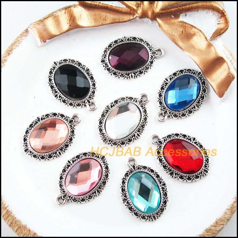 

Fashion New 16Pcs Tibetan Silver Plated Retro Oval Mixed Crystal Charms Pendants 16x23mm