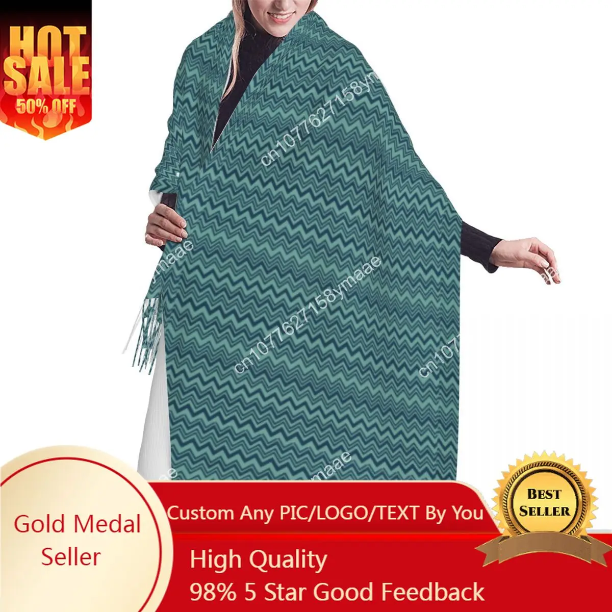 

Lady Large Chevrons Green Zigzag Pattern Art Scarves Women Winter Thick Warm Tassel Shawl Wrap Bohemian Modern Geometric Scarf