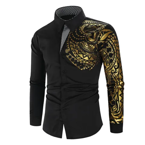 Рубашка мужская деловая с длинным рукавом, люксовая брендовая, с золотистым принтом, белая, черная, для выпускного вечера, 2023