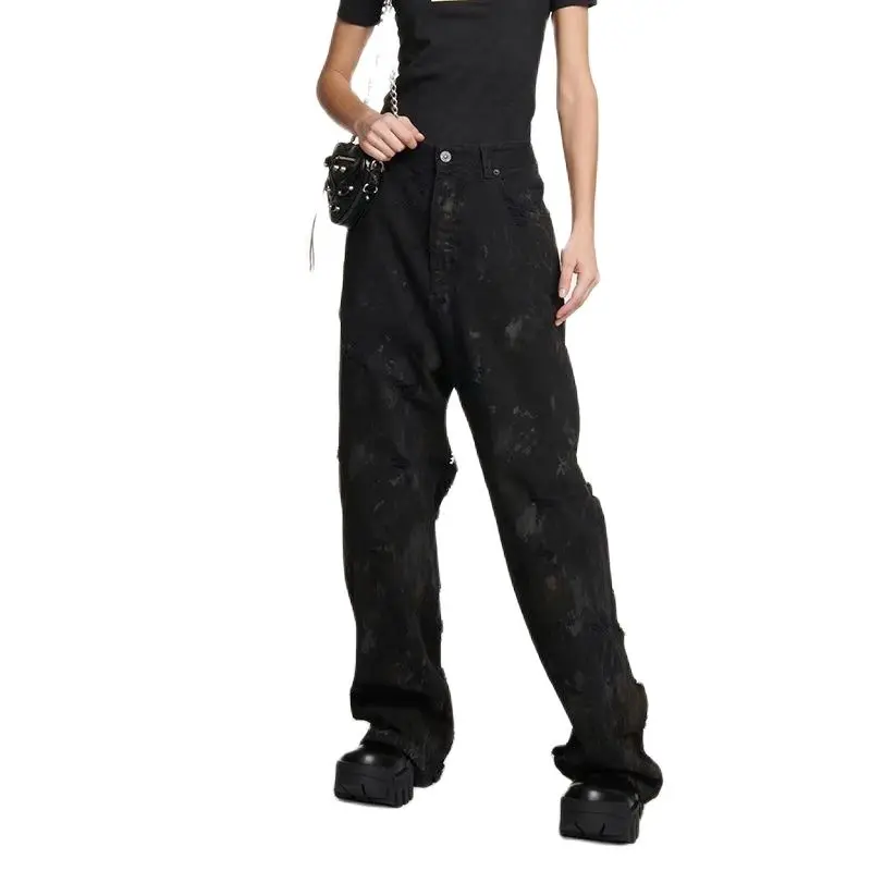 

Destruction of old heavy denim jeans 2023 summer new y2k mud-dye style fashion loose wide leg pants hundred with ladies pants