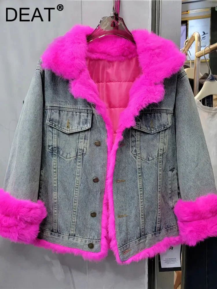 

Женское джинсовое пальто DEAT, толстые куртки с длинным рукавом и плюшевой подкладкой контрастных цветов на зиму 2023, 29L4042