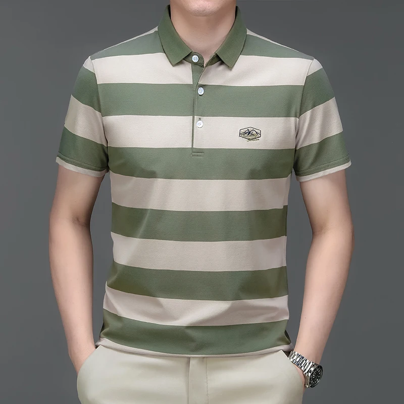 

Рубашка-поло мужская с коротким рукавом, топ из 95% хлопка в полоску, повседневная одежда в деловом стиле, большие размеры, лето