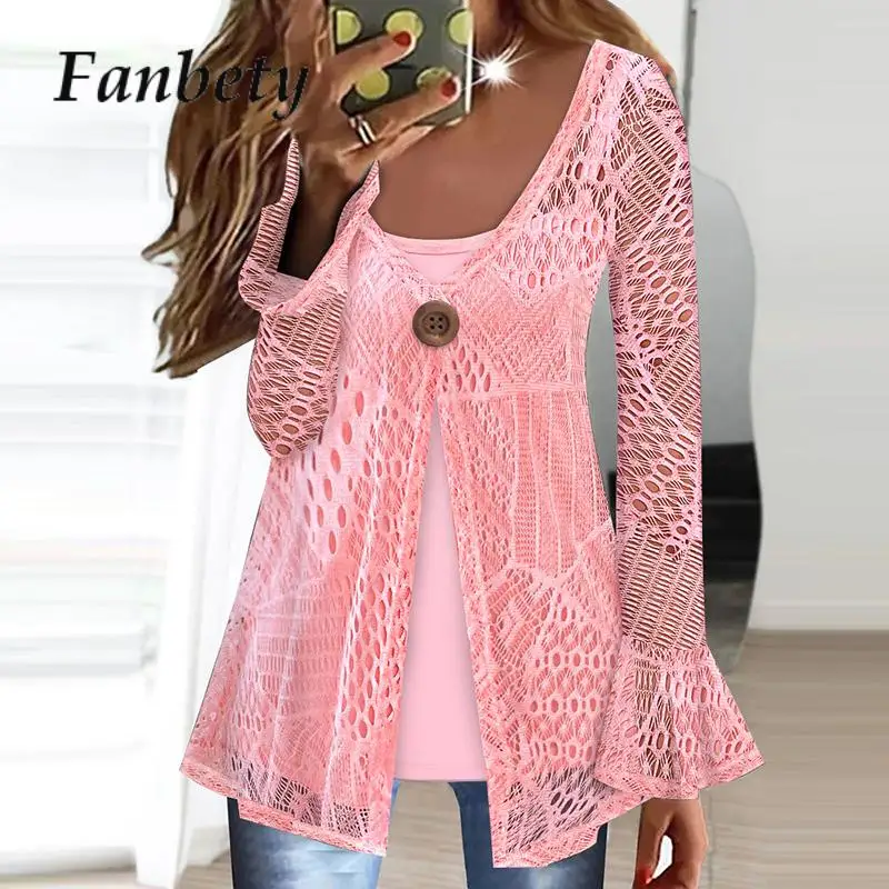 

Elegant Lace Stitch Fake Two Piece Sets Vintage Open Slit Flare Sleeve Blouse Shirt Chic Women Hollow V-Neck Office Slim Blusa