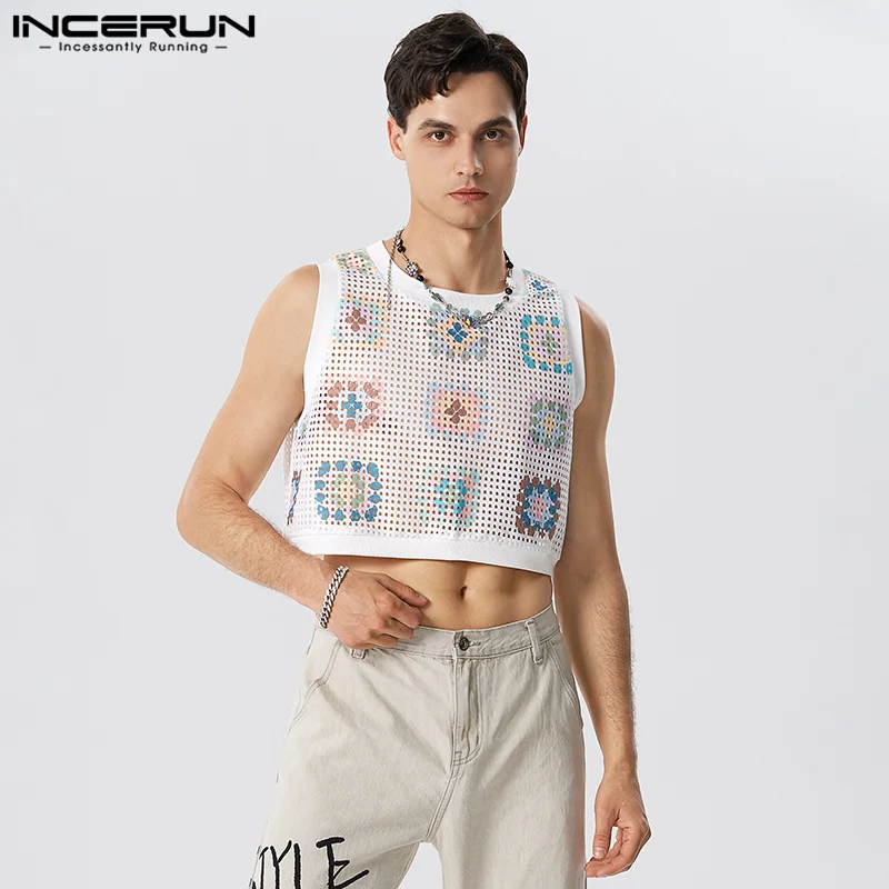 

INCERUN Tops 2023 American Style Handsome Men See-through Mesh Hollowed Tank Tops Casual Fashionable Male Print Short Waistcoat