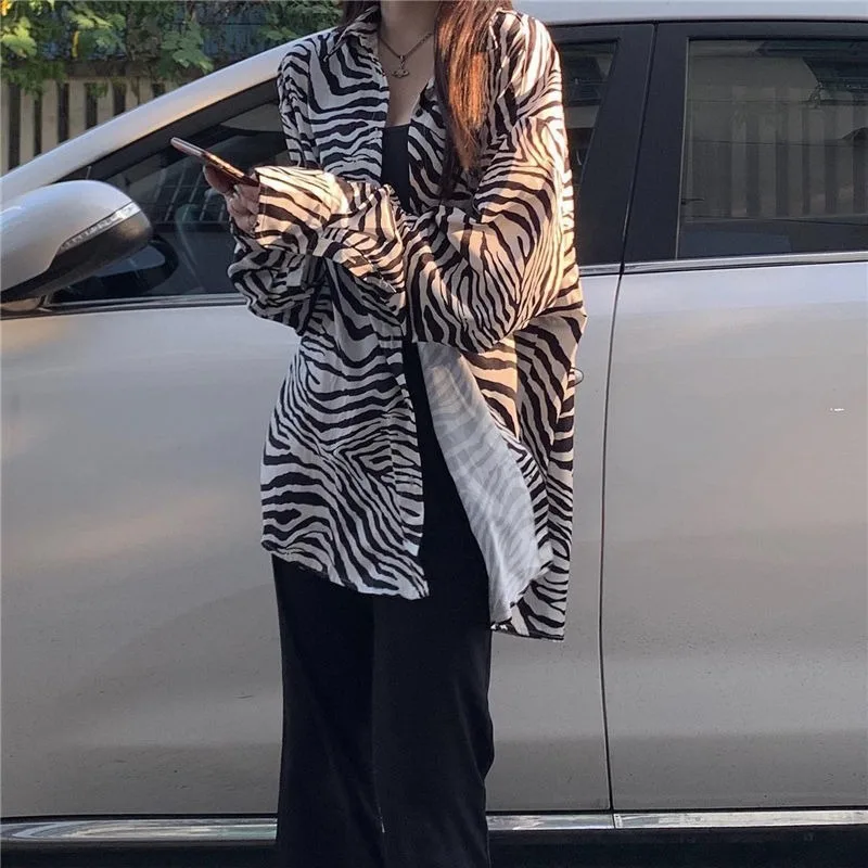 

Zebra Print Shirt Women Gothic Blouse 2021 Oversized Streetwear Goth Black Long Sleeve Tops Punk Girl