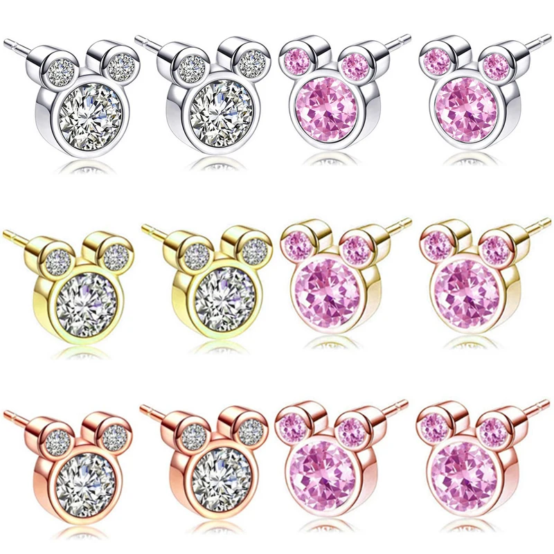 

Disney Pink Clear Crystal Mickey Stud Earrings For Women Retro Rose Gold Silver Color Minnie Mouse Earring Stud Kid Fine Jewelry