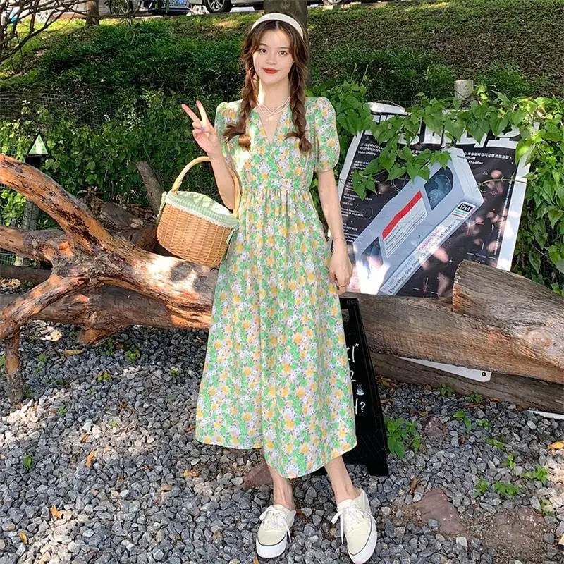 

Korean Print Vintage Chic French Long Dress Party Casual Female High Dresses Sexy V-neck Boho Beach Clothing for Women 2022