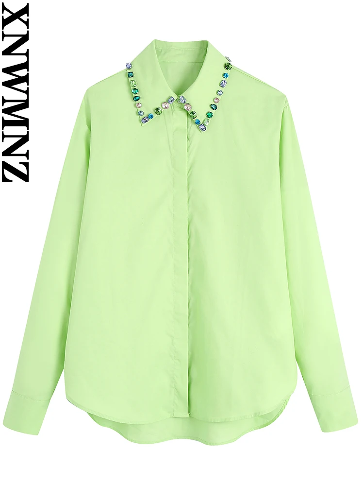 

XNWMNZ women fashion bejewelled collar poplin shirt female vintage blouse long sleeves Summer chic casual button up shirts 2022