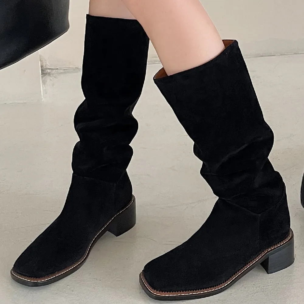 

Женские сапоги из флока на среднем каблуке, с квадратным носком