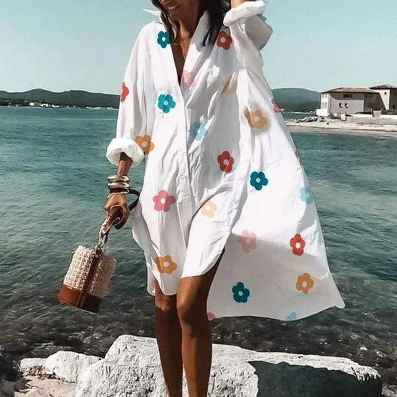 

Oversized Shirt Dresses for Women Casual Loose Beach Party Floral Printed Dress Ladies Long Sleeve V-neck Buttons Dress Autumn