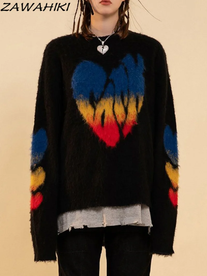 

Свитер Cyberpunk с радужным градиентом и вышивкой в форме сердца Y2K, вязаный пуловер, Женский Топ, осенняя теплая пушистая трикотажная одежда, ди...