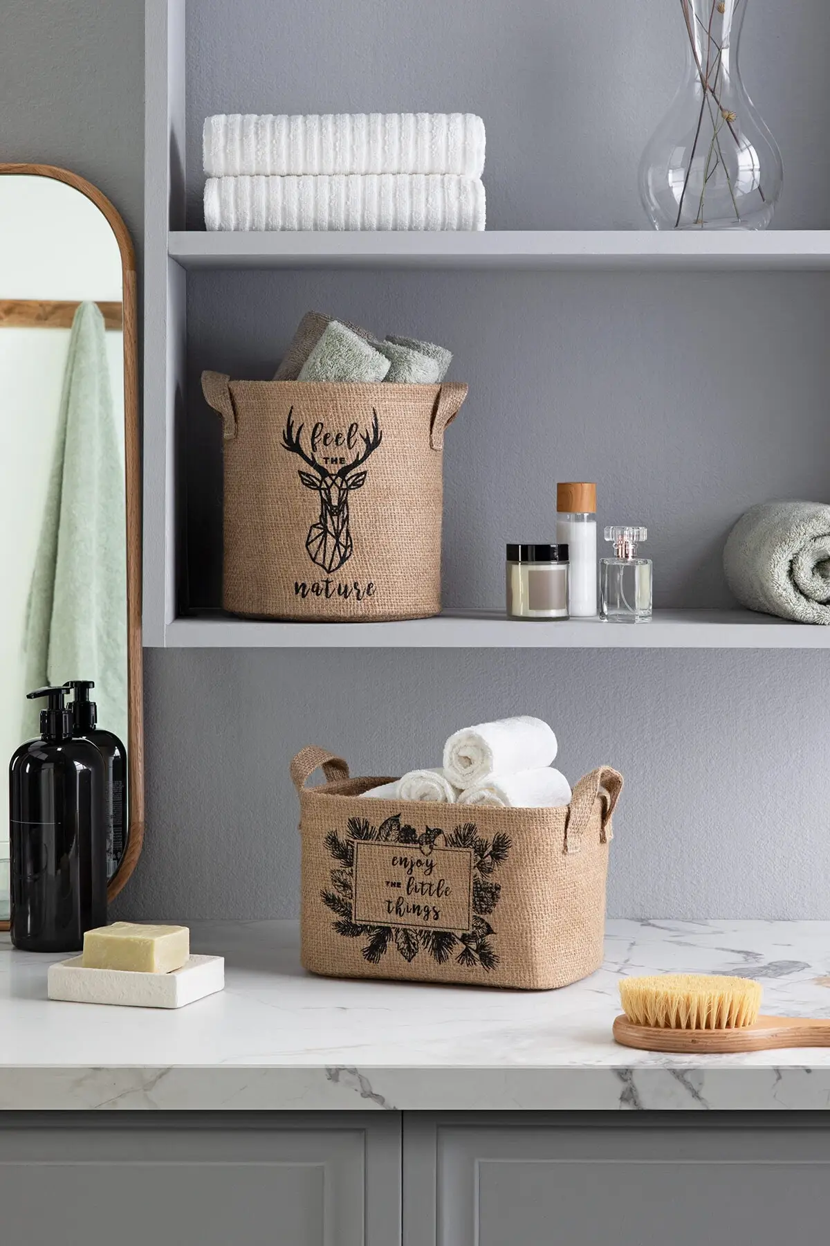 

2'li Deer And Tropical Print Jute Basket, Natural Material, Custom Design Printing, Bathroom, Garden, regulatory, Kitchen Home Decoration