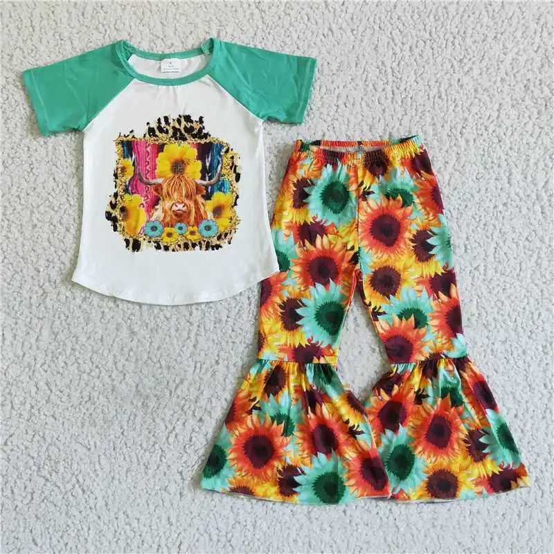 

B9-3 Baby Girl Clothes Bull Head Print Short Sleeves T-shirt Sunflower Colorful Bell Pants Set Spring And Autumn Outfit