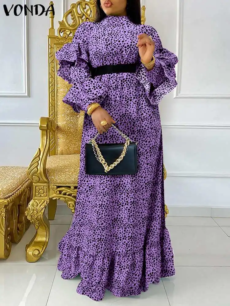 

VONDA Stylish Women Long Sleeve Leopard Vestido Female Fashion Robe Sundress Ruffled Polyester Party Printed Holiday Maxi Dress