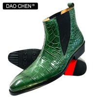 luxury mens boots green black crocodile print ankle boots casual men dress shoe office wedding genuine leather man boots shoes