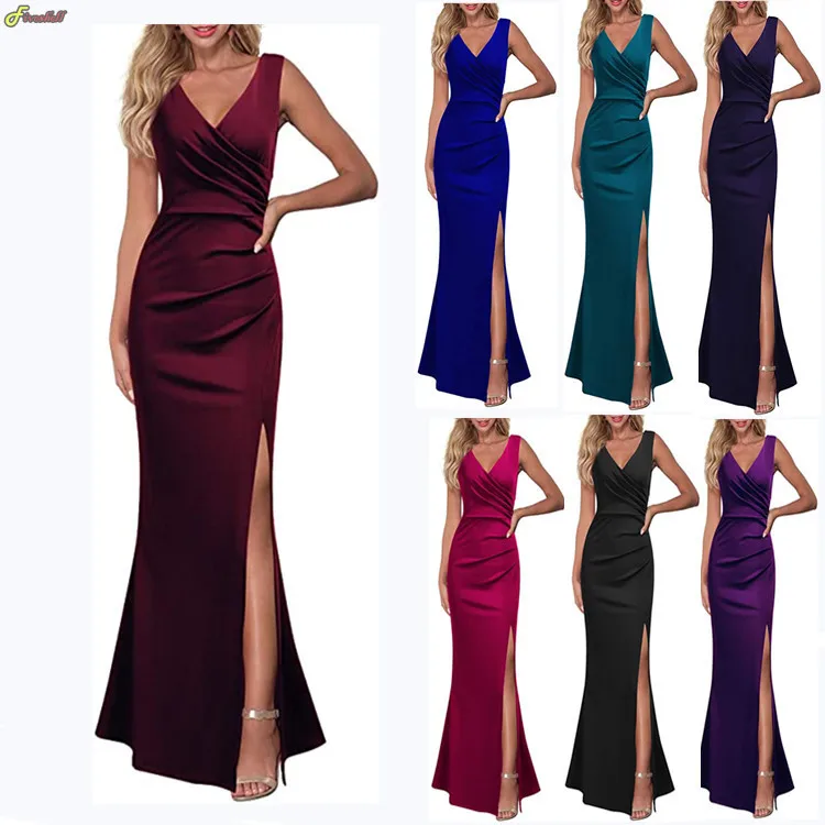 

2023 Summer Dresses For Women Fashion Solid Sleeveless V Neck High Split Evening Party Cocktail Formal Dress Sexy Slim Vestidos