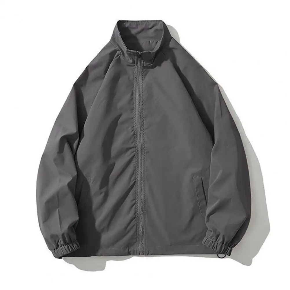 

Mens Coat Stand Collar Zipper Closure Solid Color Long Sleeve Loose Pockets Elastic Cuff Streetwear Thin Vintage Jacket