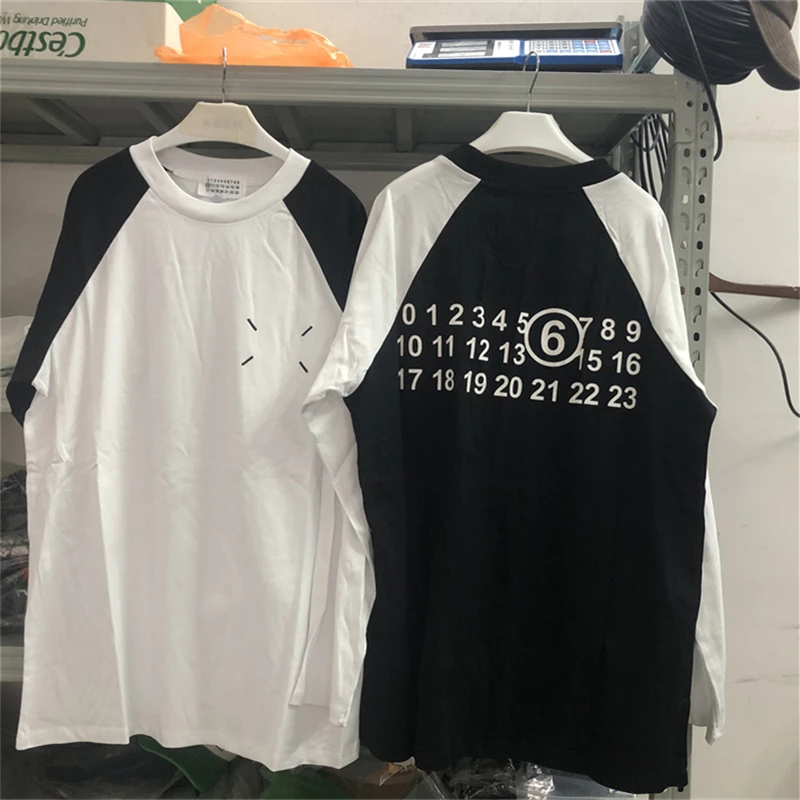 

Black White Raglan Sleeve MM6 Margiela T Shirt Men Women Four Point Embroidery Long Sleeved T-shirt Tops Tee