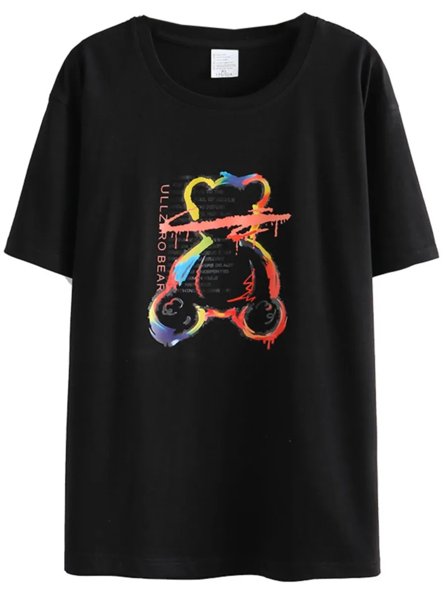 

Plus Size T-Shirt For Women 4xl Cotton Basic Cartoon Print Tees Summer 2022 Casual Short Sleeve Solid Color Tops