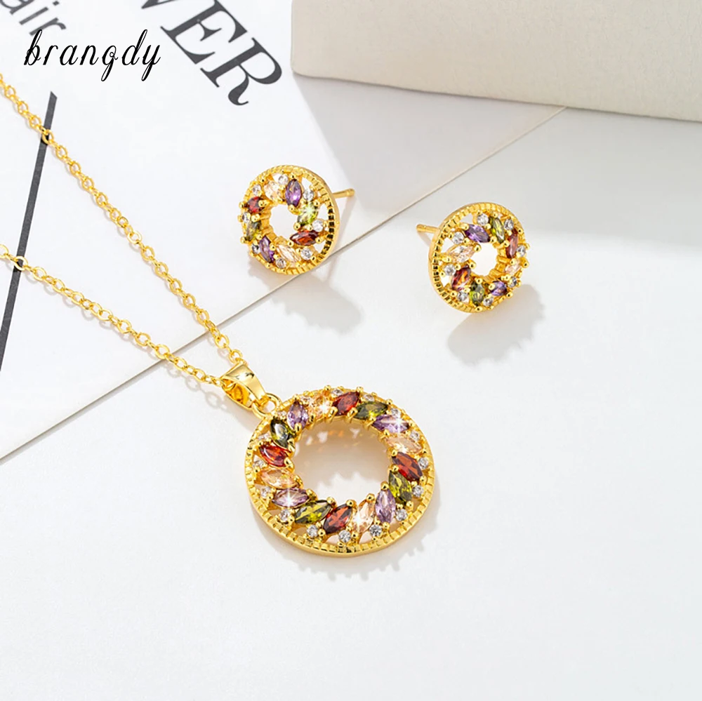 

Necklaces Earrings Set 2022 Trend New Circle Shape Elegant Gold Color Glitter Multicolor Rhinestone Jewelry Set Sexy Accessories