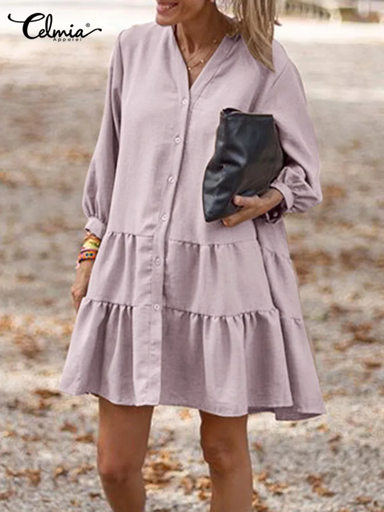 

Celmia 2023 Spring Casual Loose Swing Dress Solid Color V Neck 3/4 Sleeve Tiered Mini Vestido Women Fashion Shirt Dresses