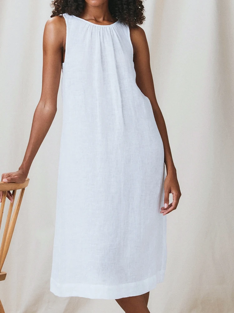 

Linad White Night Dress Women Casual Sleeveless O Neck Nightwear Loose Woman Dresses Summer Female Sleepwear Solid Pajamas