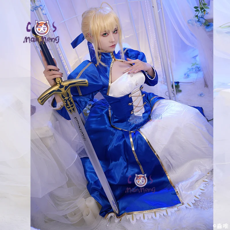 Fate/stay night fate Altria Pendragon saber Косплей Костюм Синий Шелк Элегантное Боевое Платье