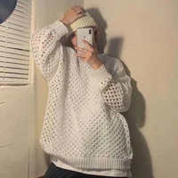 hollow out plaid knitted oversized thin sexy o neck 2022 summer long sleeve women t shirts korean fashion harajuku beach top new