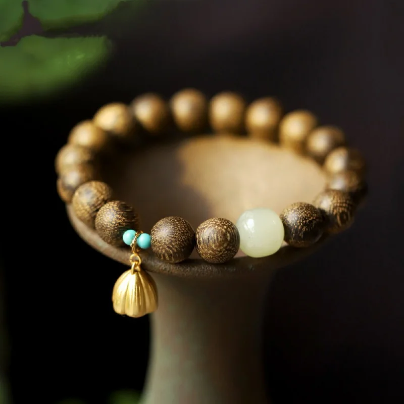 

Natural Matching Green Pine Hetian Jade Old-Styled Bead Lotus Seedpod Eaglewood Buddha Single Ring Bracelet