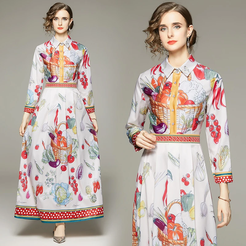 

Office Lady Spring Autumn Tunic Slim Work OL Shirt Maxi Dress Elegant Fashion Long Sleeve Women Vegetables Print Casual Vestidos