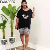 fagadoer fashion pink letter print irregular tshirt and leopard short two piece sets plus size women clothing summer streetwear