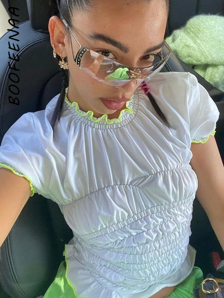 

BOOFEENAA Chic Smocked Frill Short Sleeve Tshirt Y2k Streetwear White Crop Tops Summer 2022 Fashion Women Clothing C83-BB12