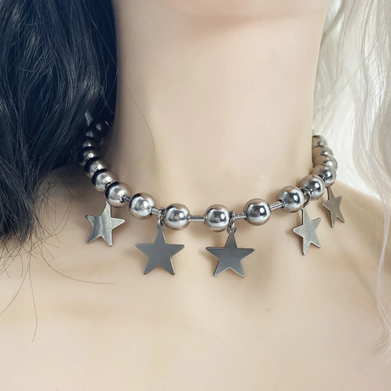 

Exaggerated Big Round Bead Five-pointed Star Necklace Neck Chain Niche Sweet Cool Retro Clavicle Chain Accessories