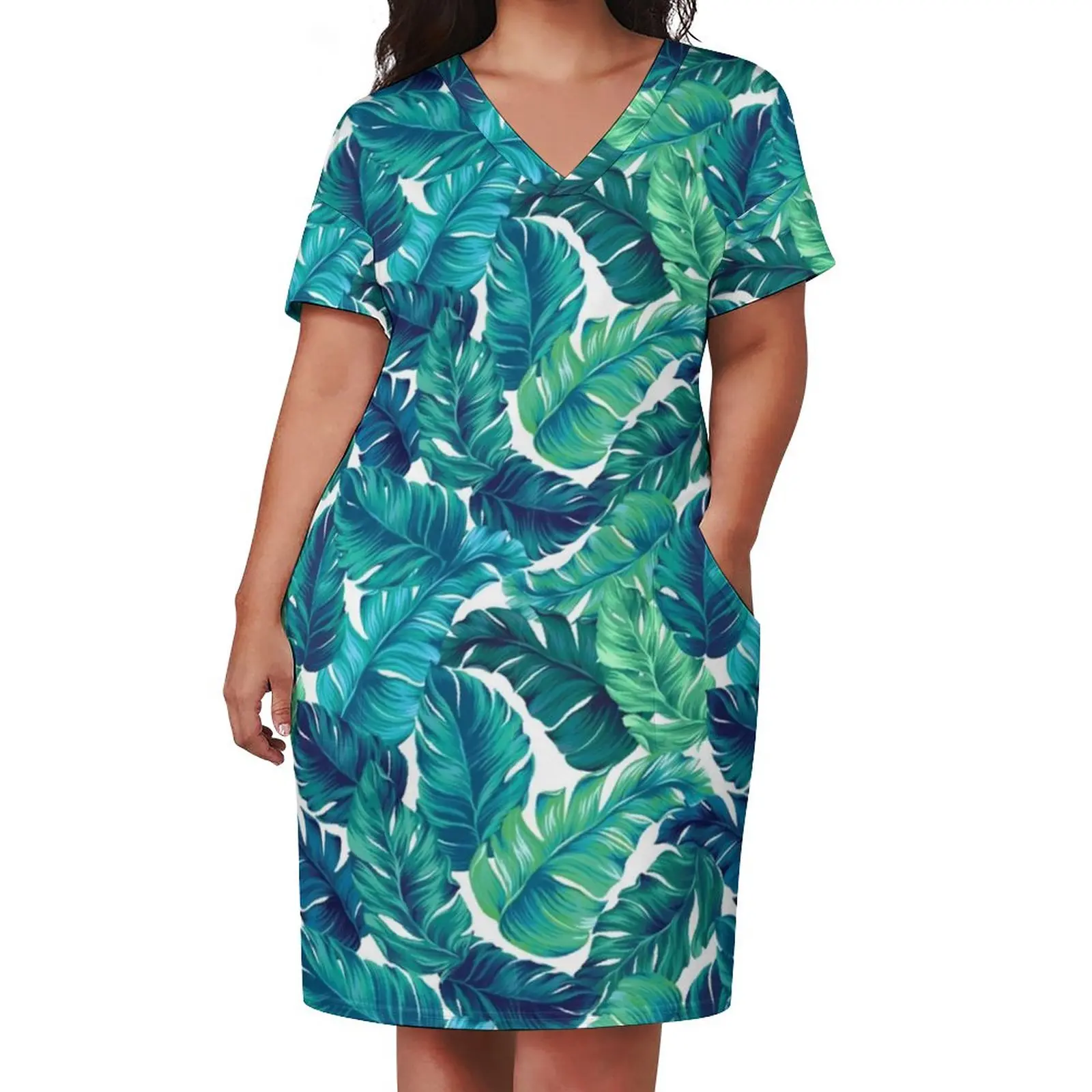 Tropical Print Dress Plus Size Funky Banana Leaf Aesthetic Casual Dress Ladies Summer V Neck Elegant Dresses Birthday Present