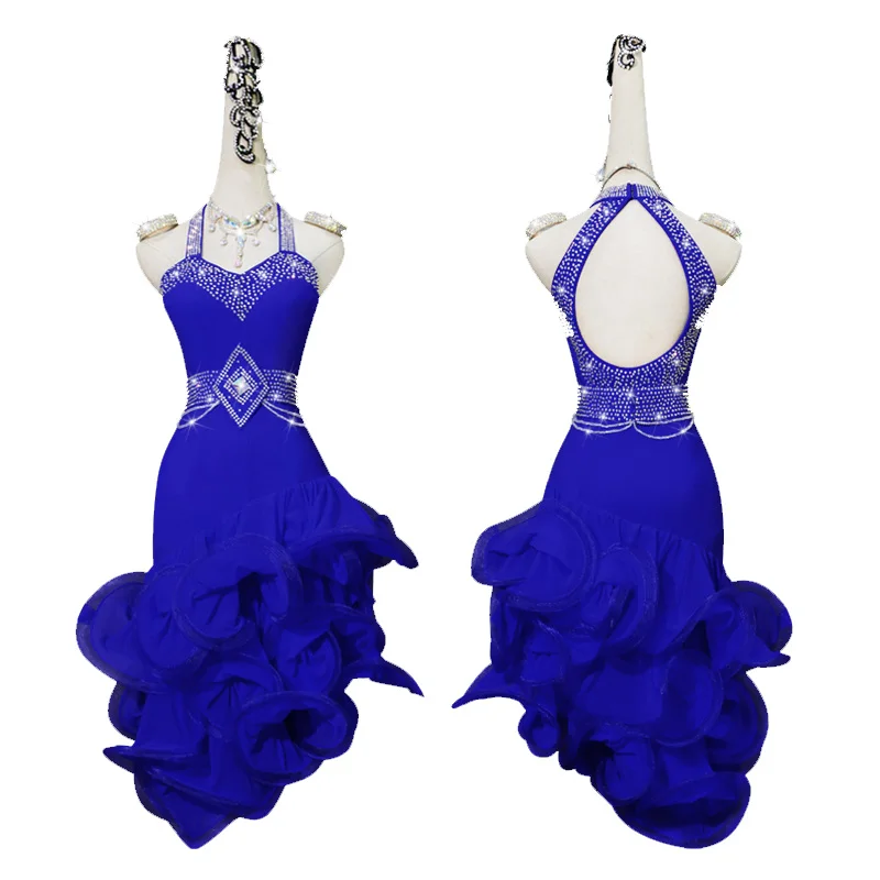 

New Latin Dance Dress Competition Dress Costumes Skirt Performing Dress Adult Customize Children Blue Fishbone Skirtess