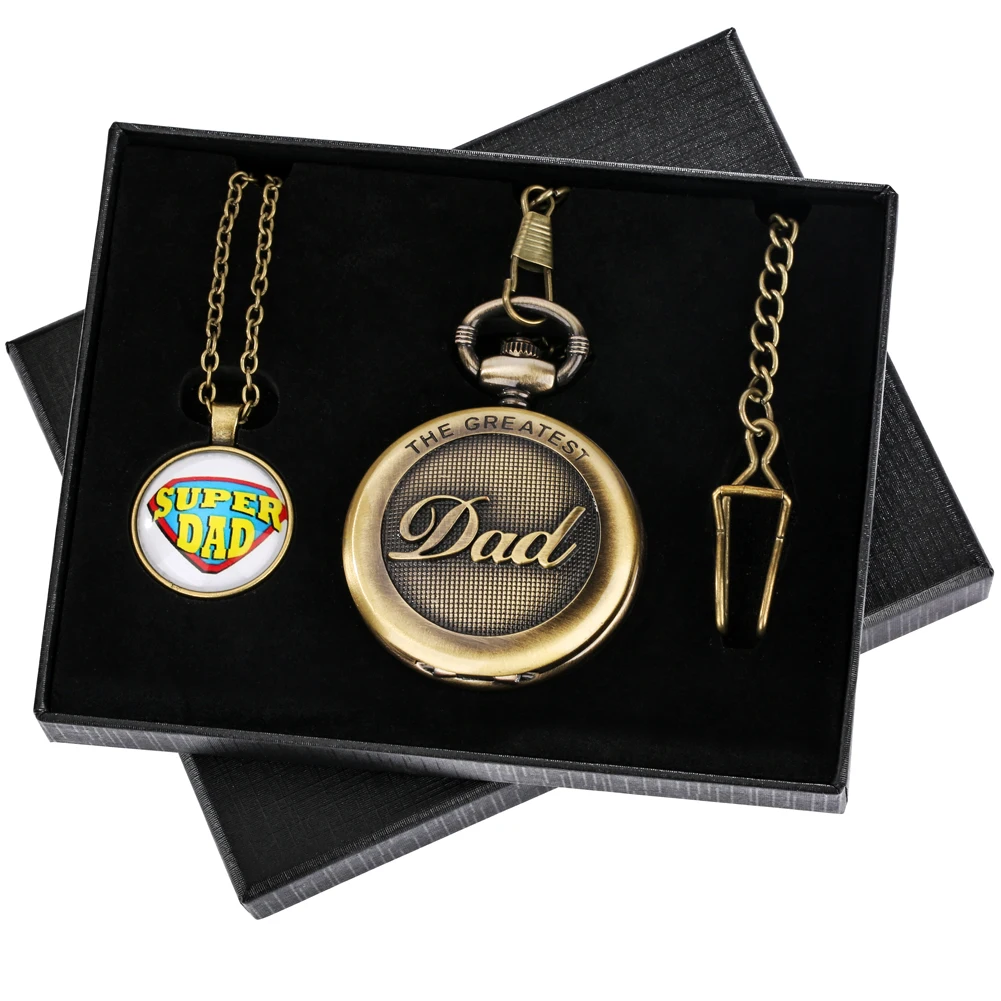 Practical Father's Day Gifts Exquisite Bronze Quartz Pocket Watch Set Gift Box Pendant Super Dad Necklace Waist Chain Clock Gift