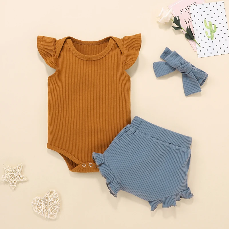 

3Pcs Newborn Baby Summer Outfits Baby Girls Ribbed Round Neck Fly Sleeve Romper + Ruffle Shorts + Bowknot Headband 0-24 Months